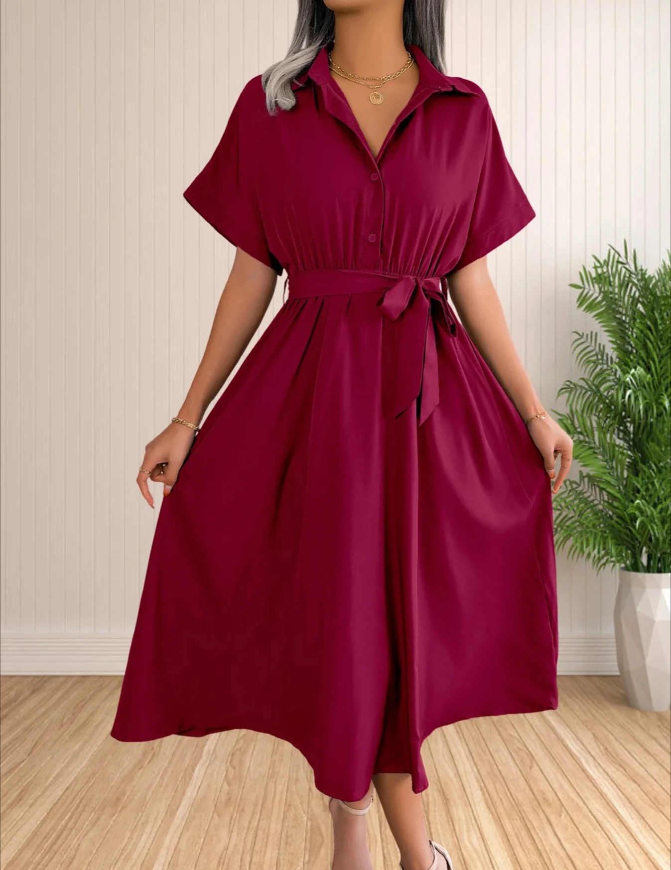 فستان نسائي بياقة صيفي كاجوال بأكمام قصيرة وأزرار أمامية وربطة عنق وخصر مكشكش وحاشية متوسطة الطول