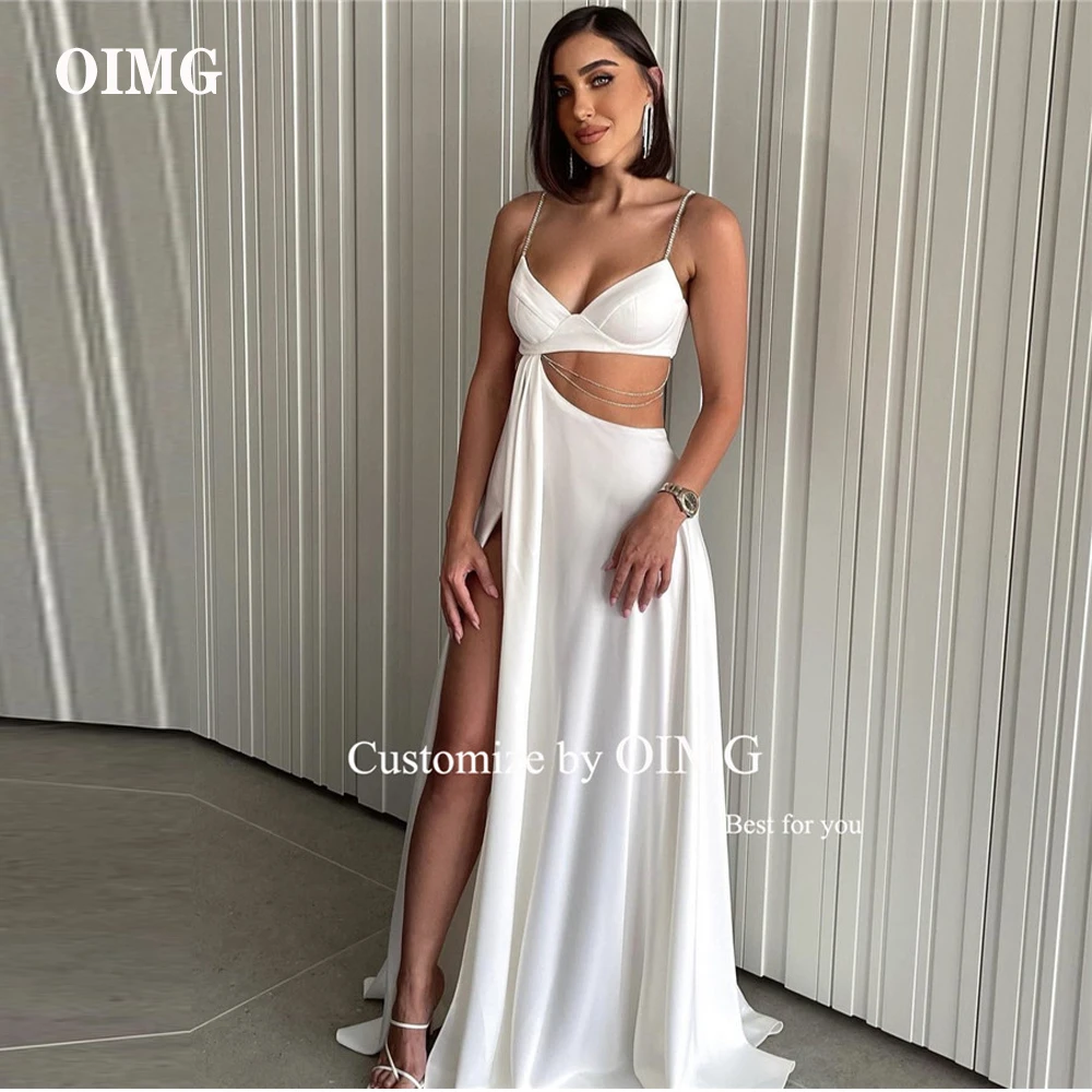 

OIMG Spaghetti Straps Silk Chiffon Beach Prom Party Dresses Cut-out Side Split Evening Gowns India Women Night Event Dress