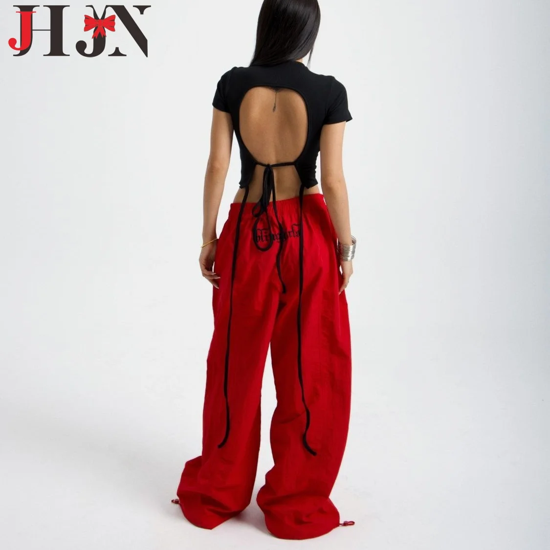 JHJN Sporty Woman Baggy Pants Red Quick-Dry Trouser Wide-Leg Britches Hiking Wear Back Letter Embroidery Bottoms Girl Pantalones