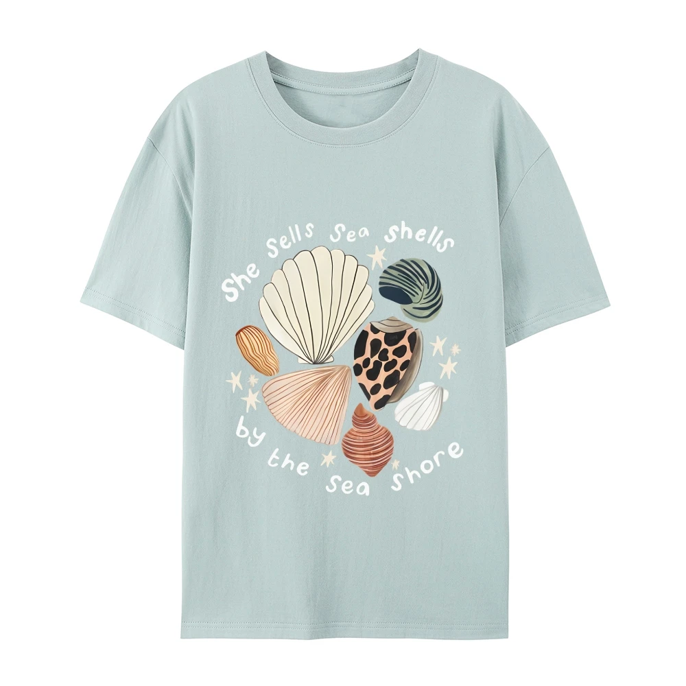 Cotton Is Comfortable T - Shirt, Print with Colorful Seashells, Nautical & Casual Style, Unique Design for Summer Vibes