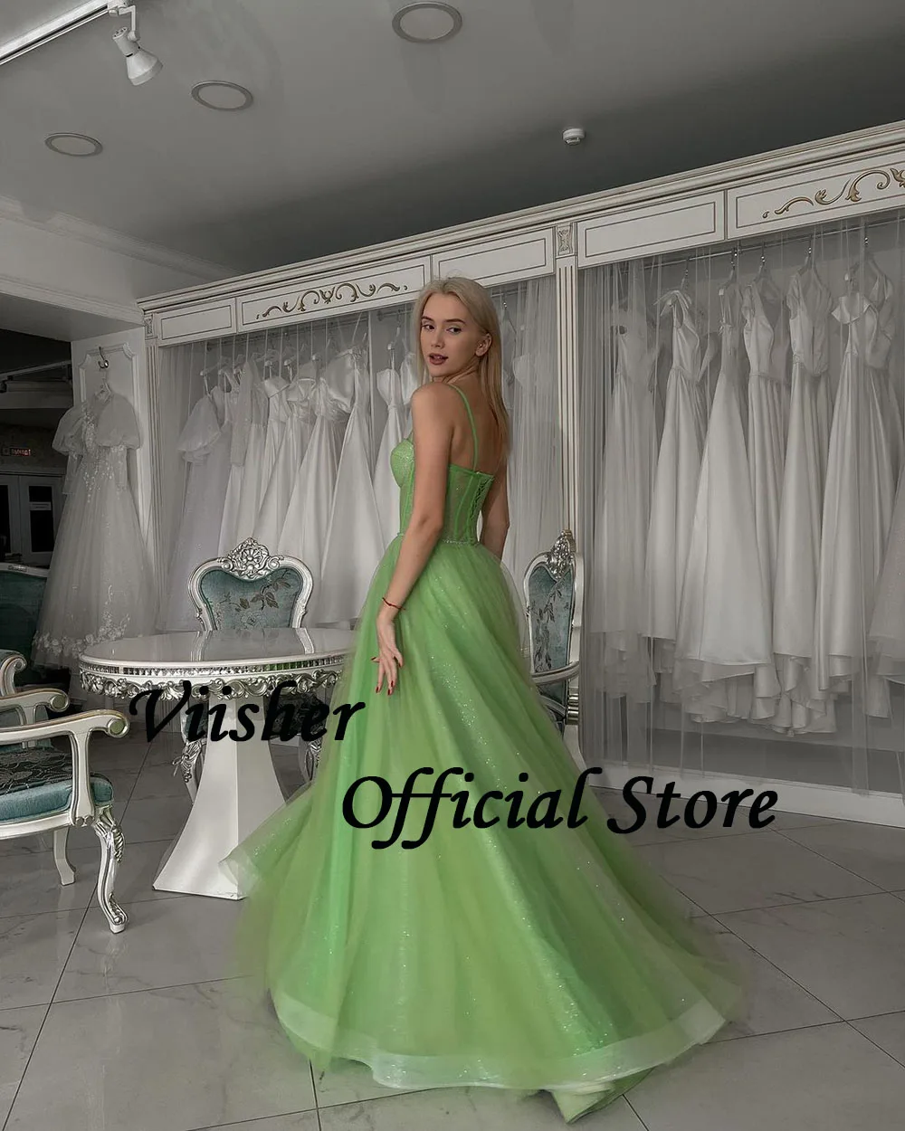 Viisher Sparkly Green Fairy Prom Dresses Bone Corset Sweetheart Evening Party Dress Spaghetti Straps A Line Celebrate Gown