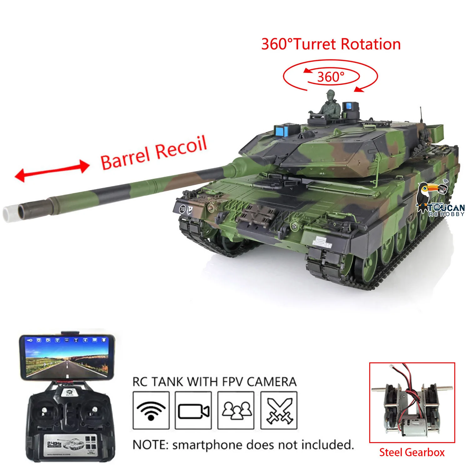 

Heng Long 1/16 7.0 Plastic Leopard2A6 Radio Controlled Tank 3889 FPV SteelGearbox Barrel Recoil Radio Control Panzer Car Vehicle
