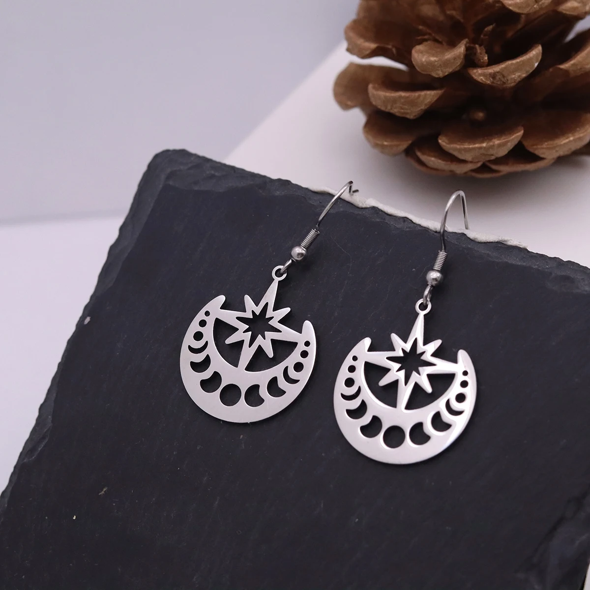 Kinitial Moon Phase North Star Pendant Dangle Earrings For Women Stainless Steel Earring Witchcraft Pentagram Jewelry Gift