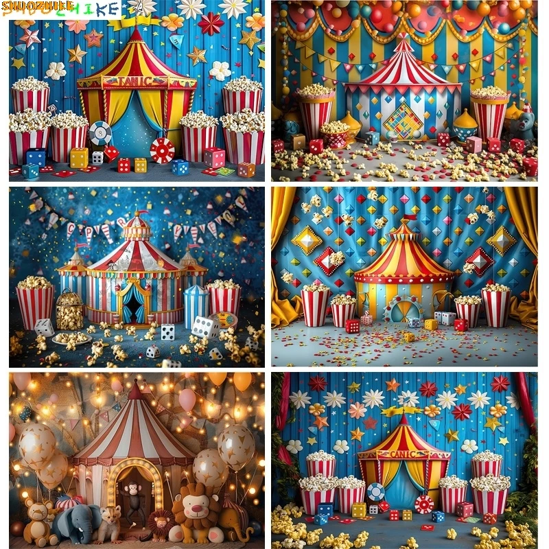 

Circus Tent With Striped Canopy Photography Backdrops Balloons Birthday Party Decor Animal Clown Photo Studio Background SD-02