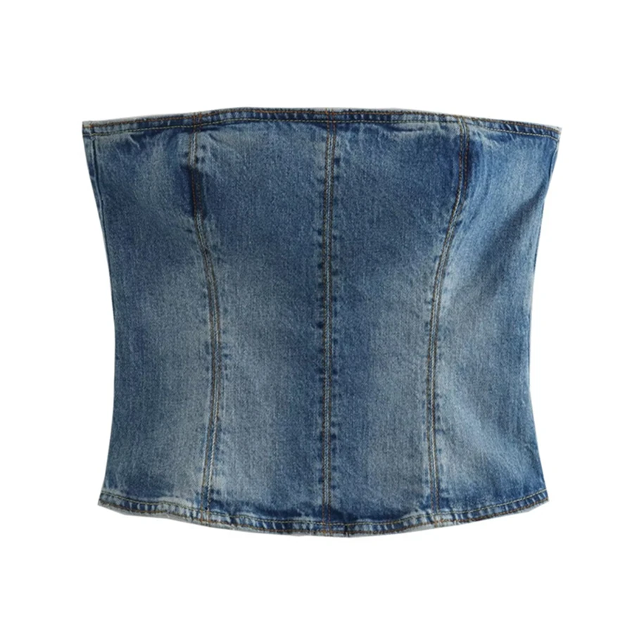 

Dave&Di American Denim Style Retro High Waist Stitching Corset Top Women