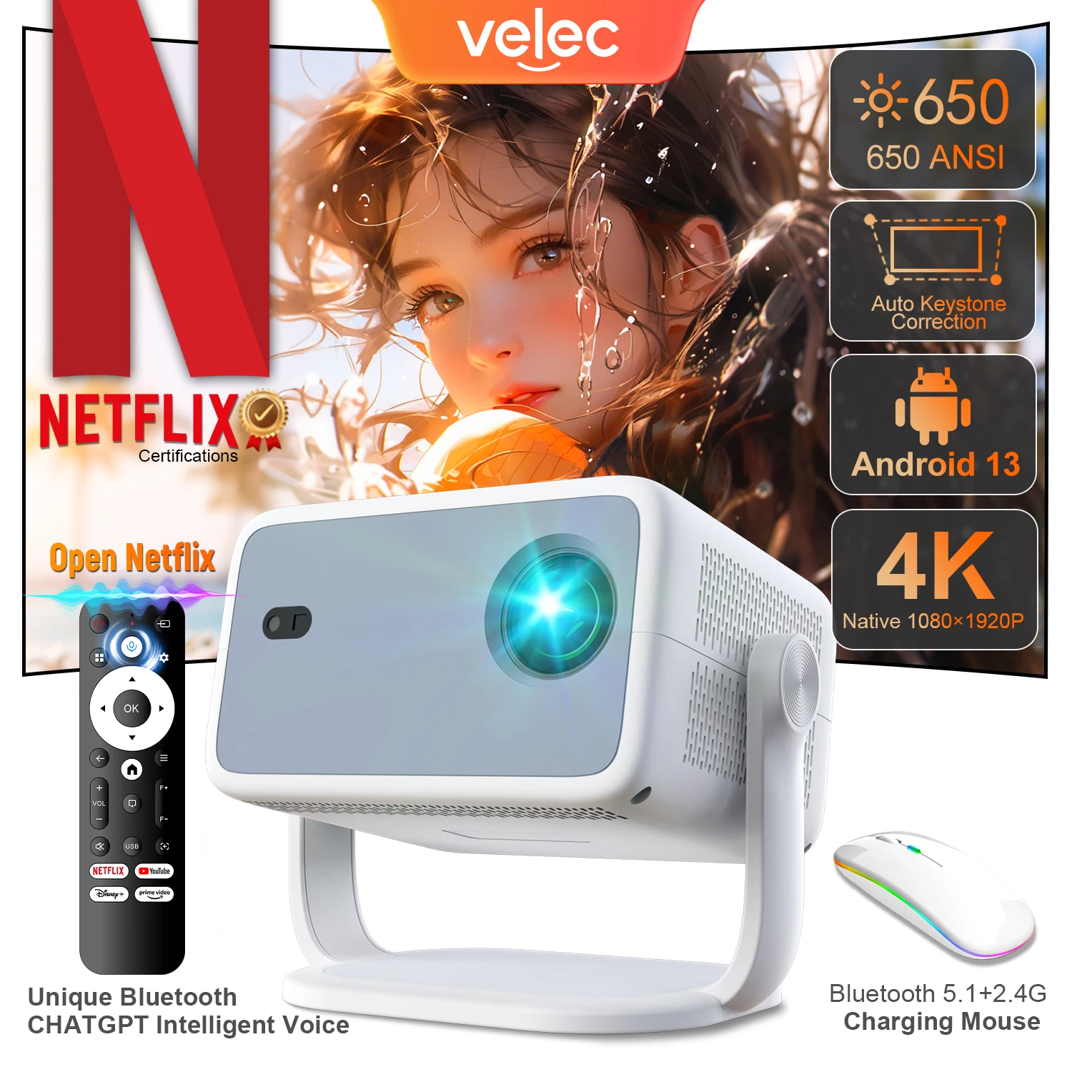 Velec Projector TP350 Netflix Certification Android 13 4K Native Wifi6 BT5.2 650ANSI 1080P Auto Keystone Correction Projector