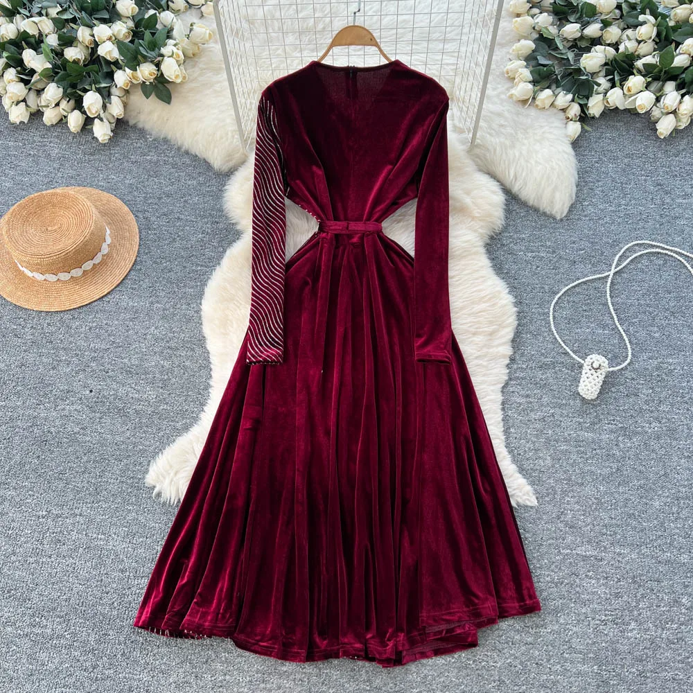 Vestido Retro elegante de terciopelo con cuello en V, manga larga, informal, de cintura alta, ropa de mujer, vestidos de ceremonia