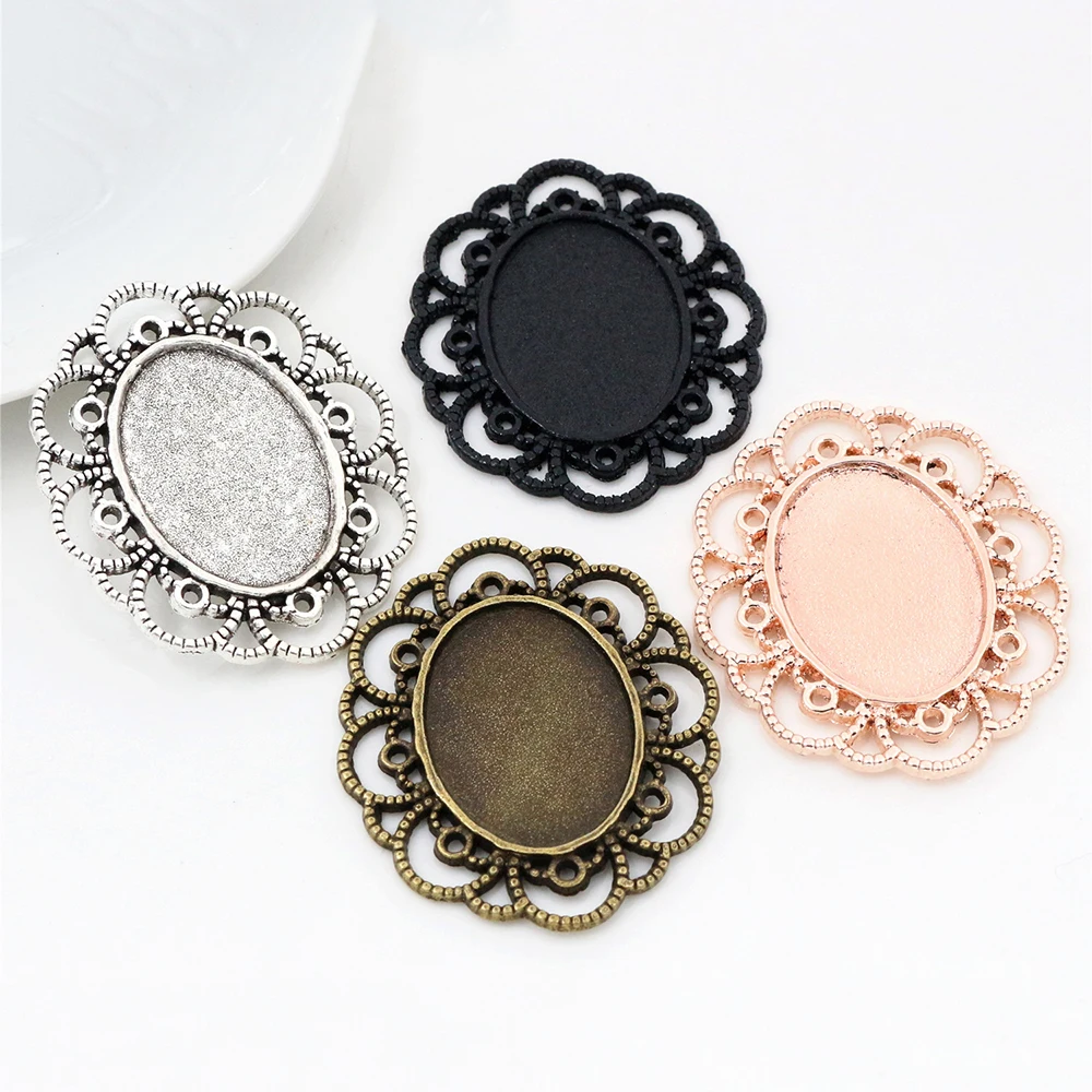 10pcs 18x25mm Inner Size 4 Colors Plated Flower Style Cameo Cabochon Base Setting Charms Pendant necklace findings