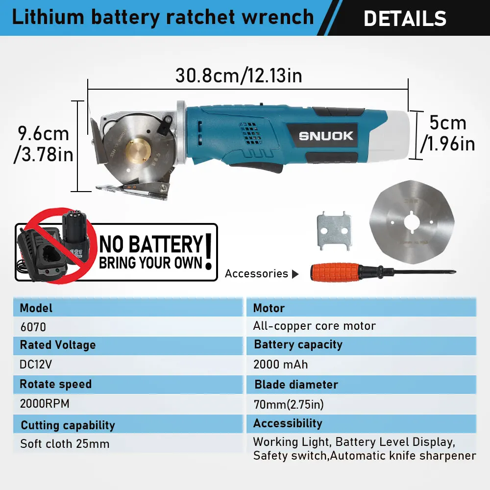 SNUOK No Battery 70/90mm Round Knife Cutting Machine 2000RPM Clothing Fabric Paper Cutting Tool For Bosch 12V Lithium Battery
