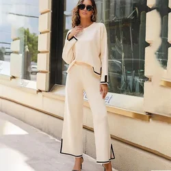 European and American Style Knitted 2-Piece Set - Long Sleeve Loose Top with Wide Leg Pants, Home Wear Casual Round Neck Suit