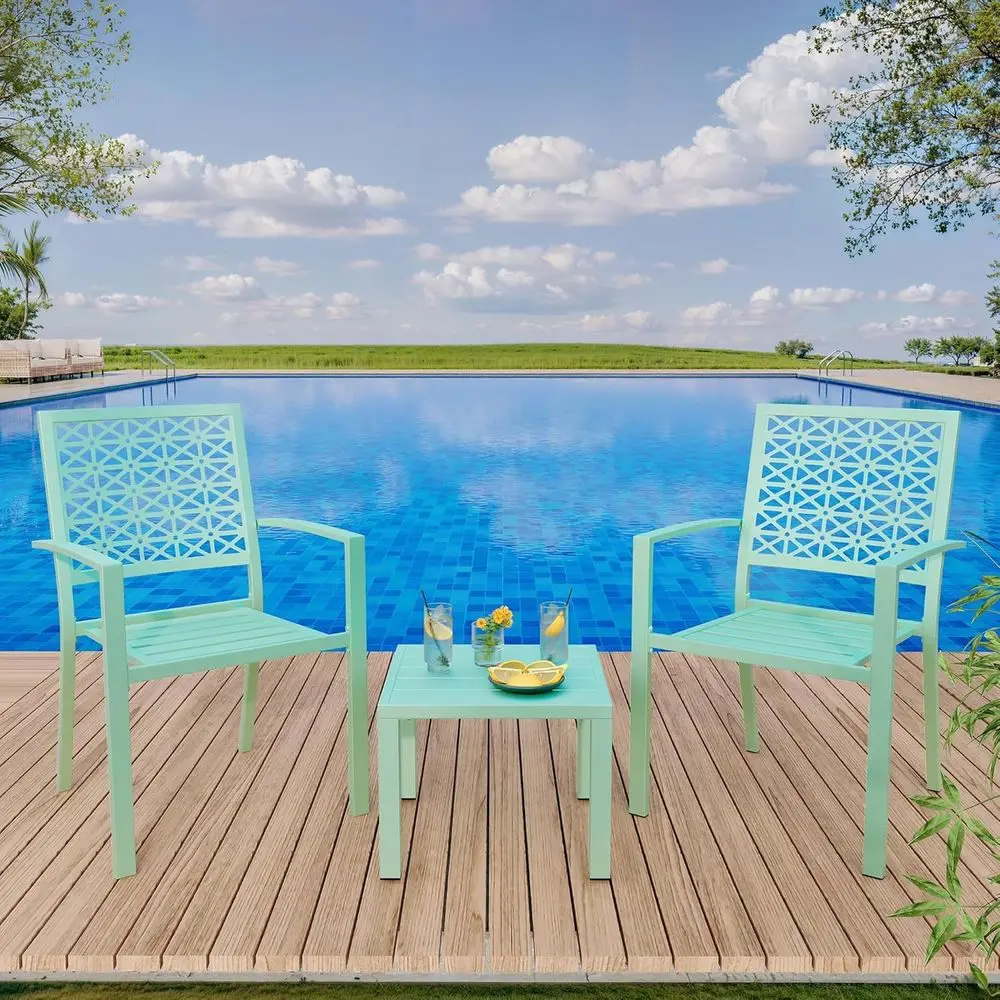 

3-Piece Outdoor Bistro Set: Compact Table and 2 Chairs for Patio, Balcony, Porch, or Deck in Green