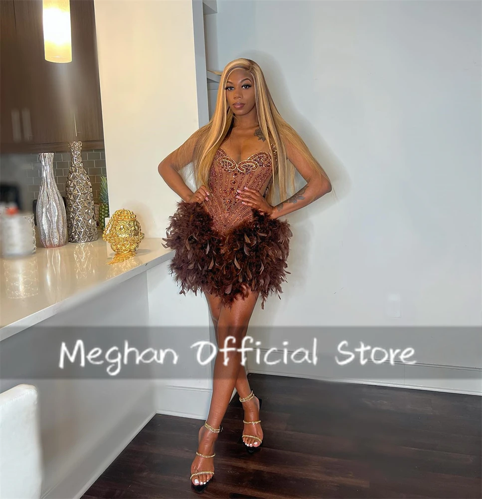 Chocolate Brown Beaded Crystal Short Prom Dresses Feathers 2024 Birthday Luxury Dress With Glove Mini Cocktail Dress Customized