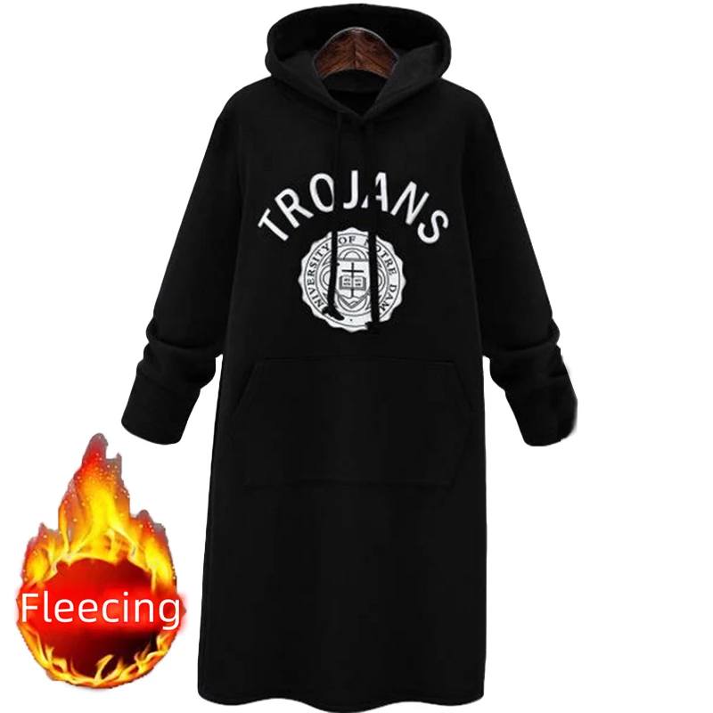 Fleecing Hooded Zip-up Sweatshirts Letter Knee Length Dress Casual Women Streetwear Winter Long Sleeve Sport Y2k Clothes