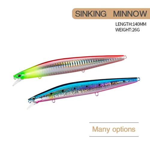 Imagen 2 del producto Señuelo de pesca Minnow Wobbler de 14cm y 26g, Jerkbait de hundimiento de fundición larga, Swimbait, cebo duro Artificial, señuelo de pesca en el océano, cebo para lubina