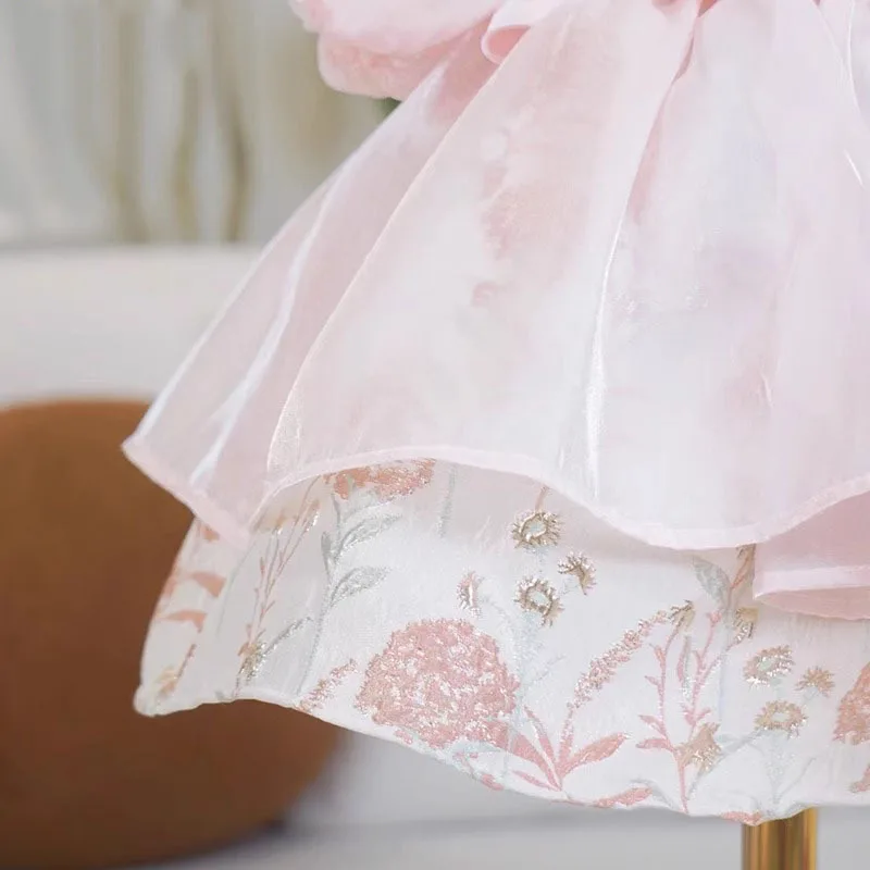 Vestido de princesa estampado para bebé, primeiro vestido de festa de aniversário, vestido de baile, final alta, verão, rosa, 2024