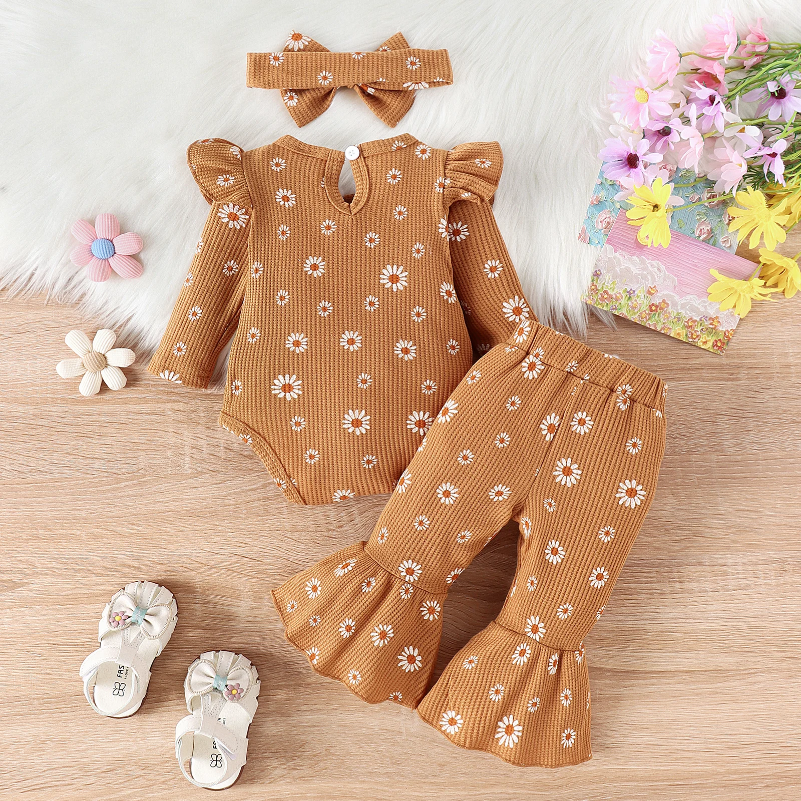 3PCS Autumn New Style For Girls Aged 0-1, Fashionable Round Collar Printed Long-Sleeved Clothes + Trousers + Headscarf