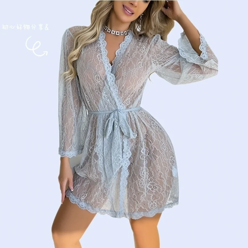 

Noice-Foreign Trade Sweet Mesh Lace Sexy DeepVOpen-front Tie Robe Homewear Set