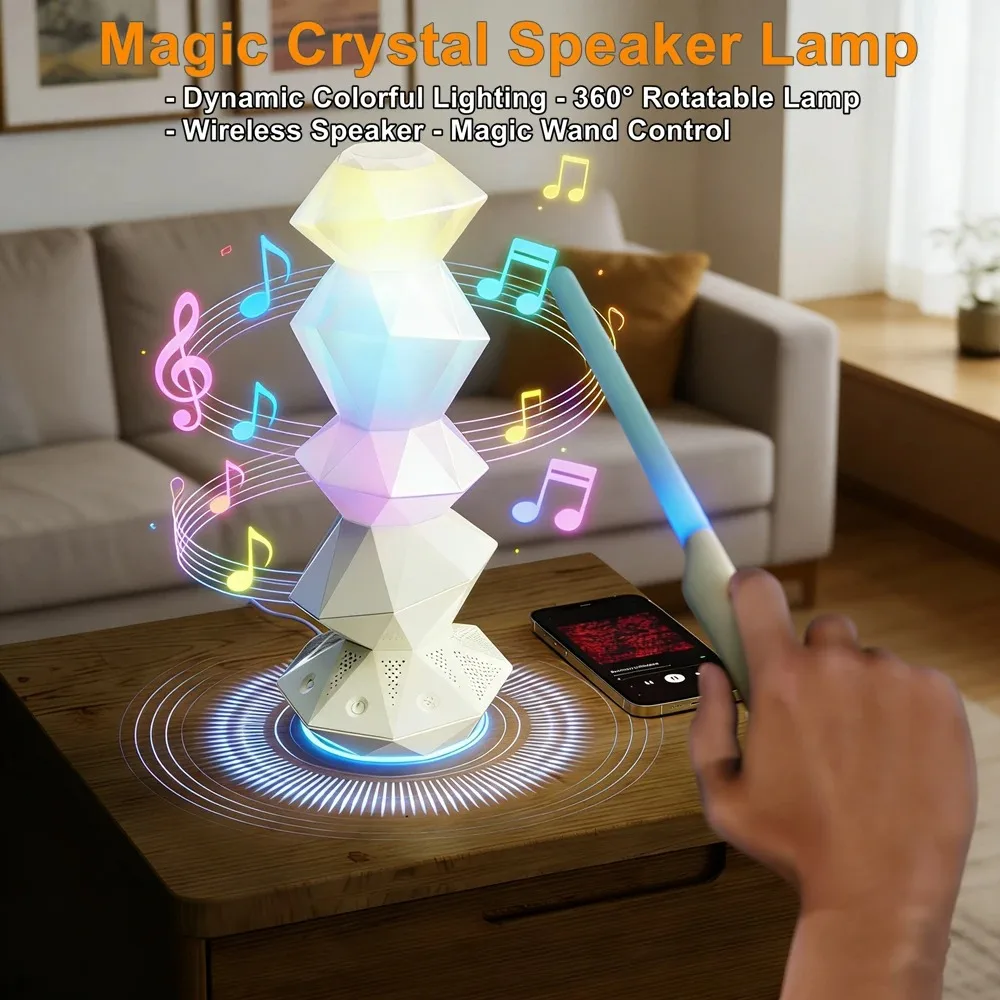 Rotatable Magic Crystal Speaker Lamp with 7-Color Light, Magic Wand Control, Bedroom Ambience Night Light, Part Decor Light