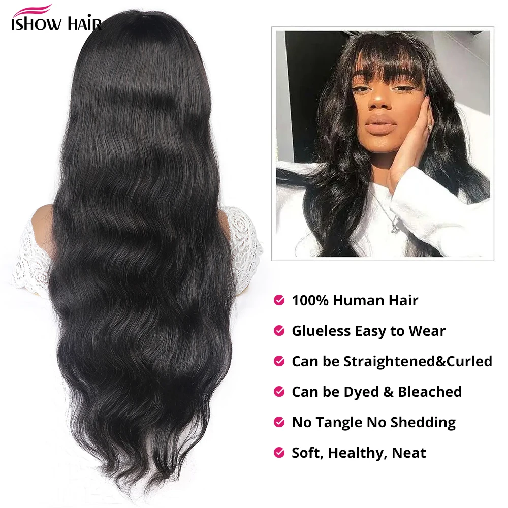 Ishow شعر مستعار مموج مع بانج آلة كاملة صنع خصلات الشعر المستعار الإنسان رخيصة غلويليس الباروكات 100% خصلات الشعر المستعار الإنسان البرازيلي للنساء