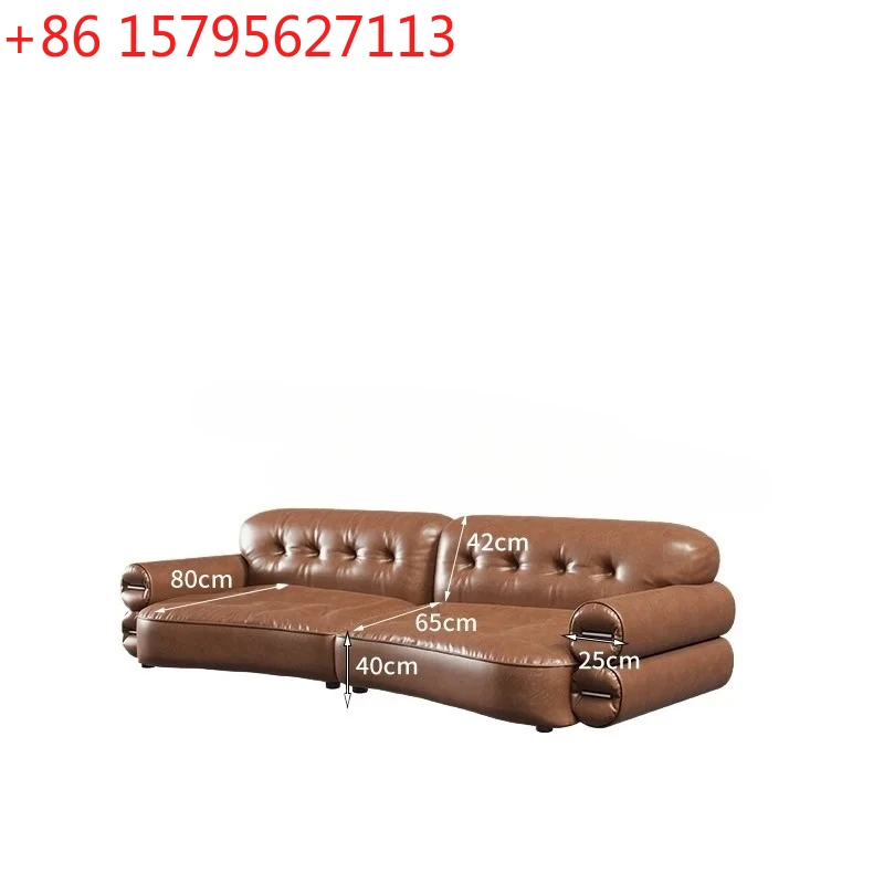 

Yjq Sofa Retro Caramel Mid-Ancient Oil Wax Leather Curved Small Apartment Living Room Sofa