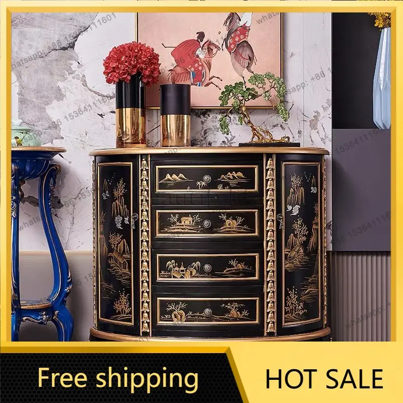 PJ new Chinese-style semi-round entrance cabinet, light luxury home storage locker decoration
