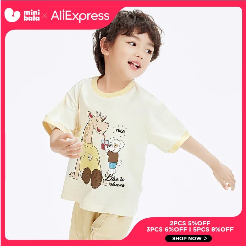 

Balabala Children T-shirt Girls Boys Short Sleeve Color Block 2024 Summer New Collection Baby Top Pure Cotton Cartoon Design