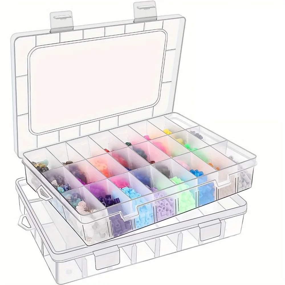 24-compartment transparent plastic storage box with removable dividers; For storing jewelry, crafts, screws, small parts