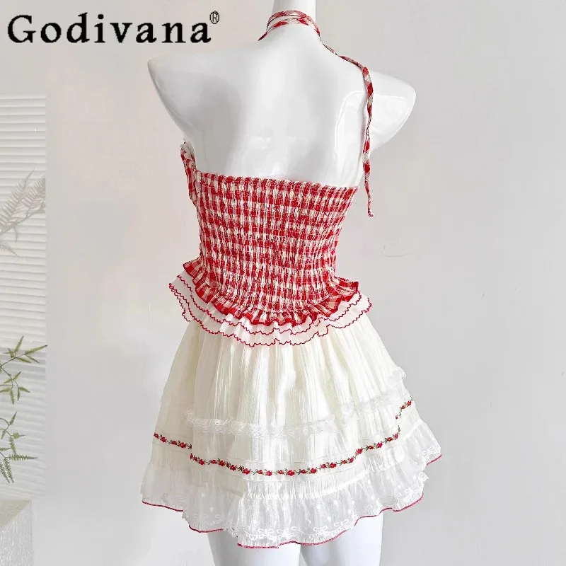 

CyOriginal Design Lolita Suits Girls Summer Japanese Sweet Cute 2 Piece Set Women Bow Plaid Top Elastic Waist Mini Skirt Outfits