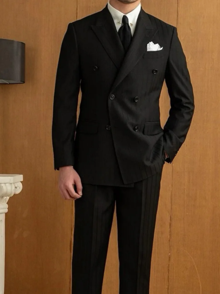 Men Slim‑Fit Vertical Striped Blazer Double‑Breasted Peak‑Lapel for Business Dinner Wedding Events