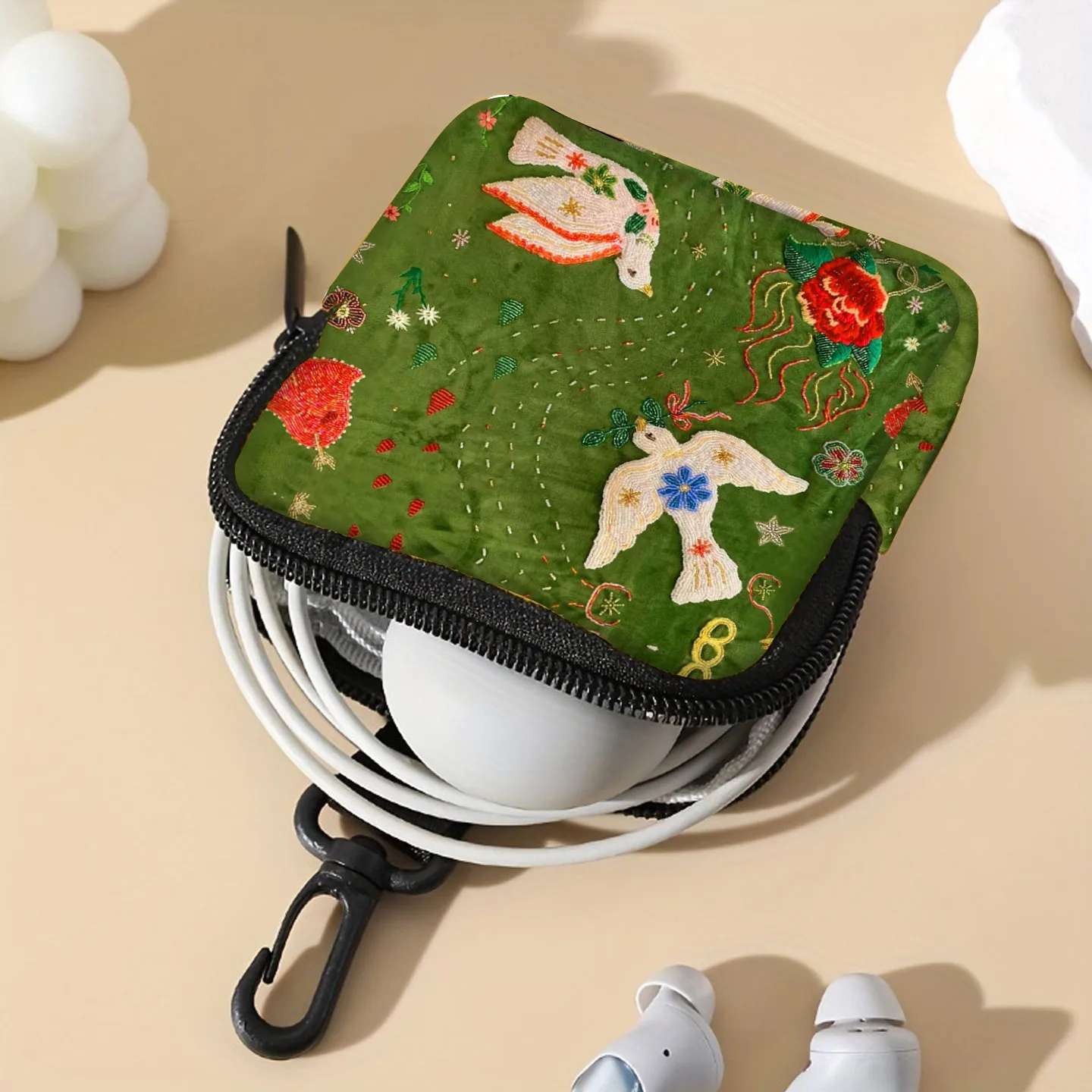 Original Leather Hook Wallet Waterproof Card Holder Zipper Storage Bag Multi-Functional  Earphone Bag Green Pigeon