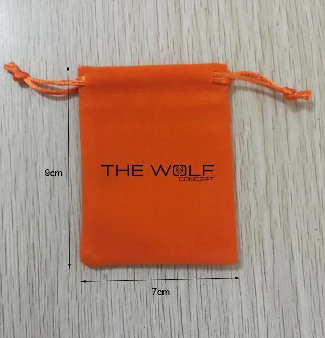 

100 PCS Customised Logo 7x9cm Orange Color Velvet Bags Drawstring Gift Pouches Printed With Black Logo