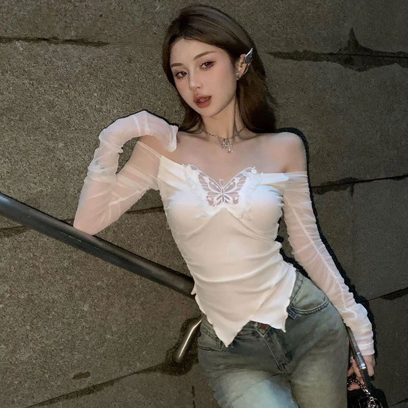 Sexy Off Shoulder Tops Women White Butterfly Hollow Mesh Irregular Long Sleeve Cropped T-Shirt Harajuku Y2K Sweet Hot Female Tee