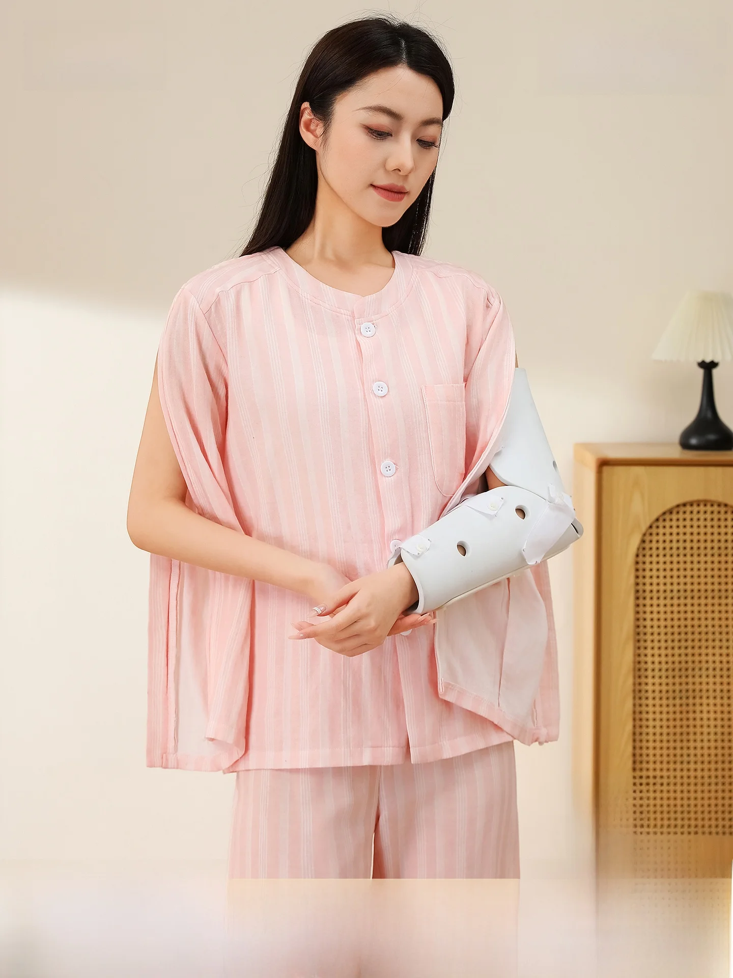 gold-verandah-full-cotton-easy-to-wear-zipper-nursing-gown-women's-arm-bone-surgery-dialysis-rehabilitation-picc-insertion-cl