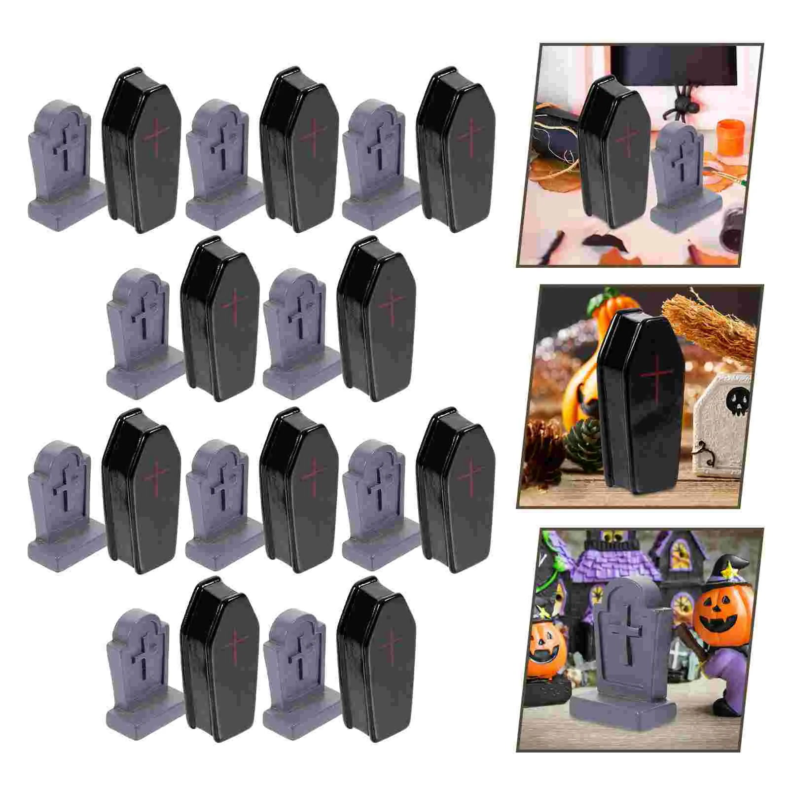 20 Pcs Black Coffin Tombstone Sets Cemetery Grave Stones Halloween Decor Accessories Graveyard Resin Haunted House Prop