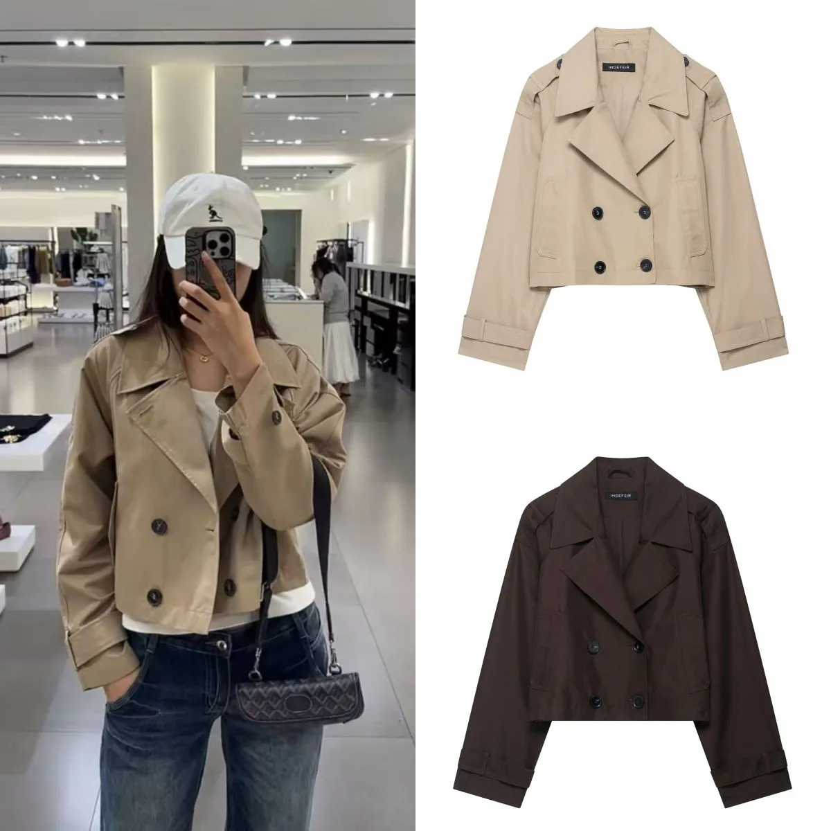 ETJ 2025 autumn new product women's classic double-breaked lapel simple short trench coat fashion casual coat