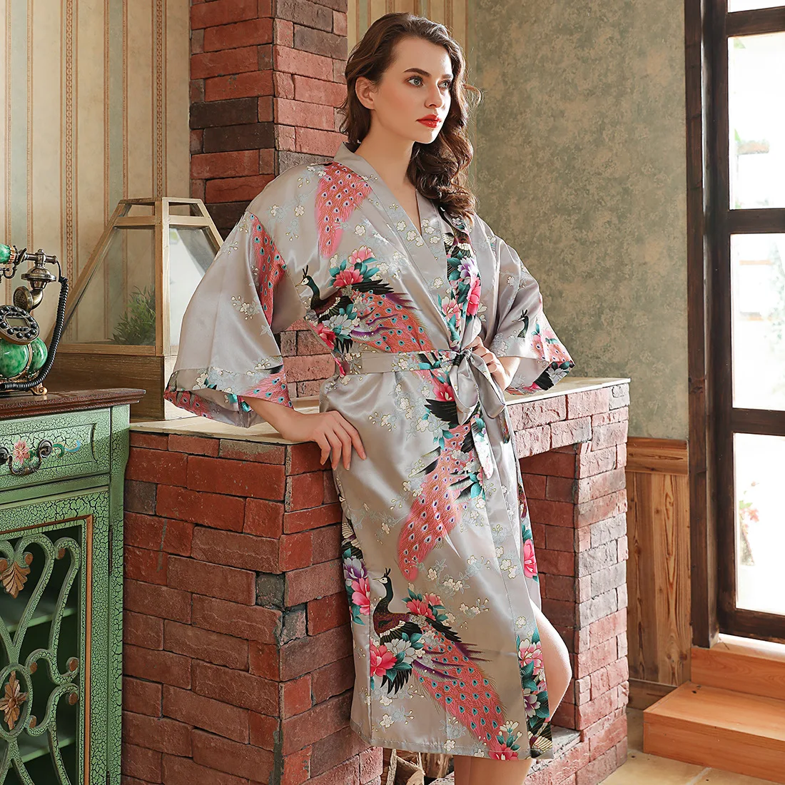 Long Satin Robe Lady Print Peacock Nightwear 3XL Kimono Bathrobe Gown V-Neck Lingerie Large Size Nightgown Lounge Wear Sleepwear