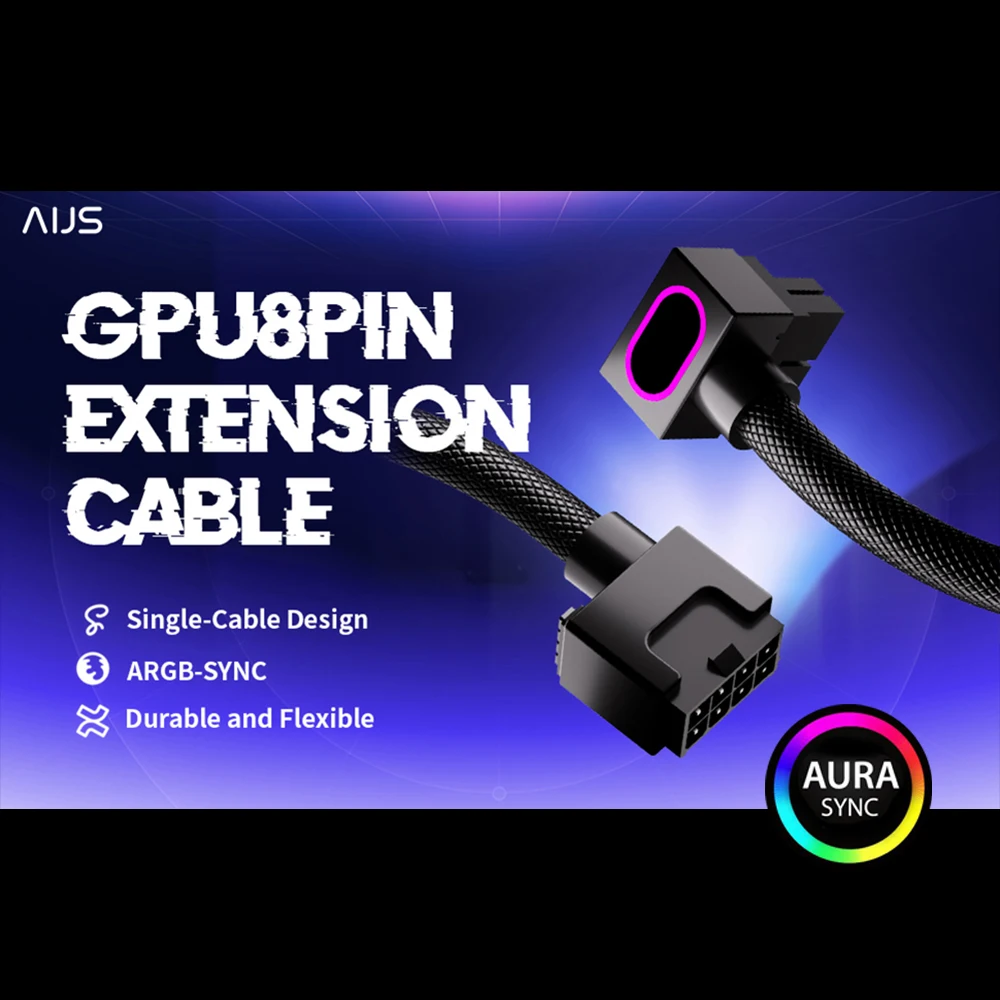 

8-контактный удлинительный кабель AIJS GPU, кабель ARGB для ПК видеокарты с 3-контактным разъемом 5 В, 18AWG 90 ° Прямоугольная конструкция, разъем «папа-мама»