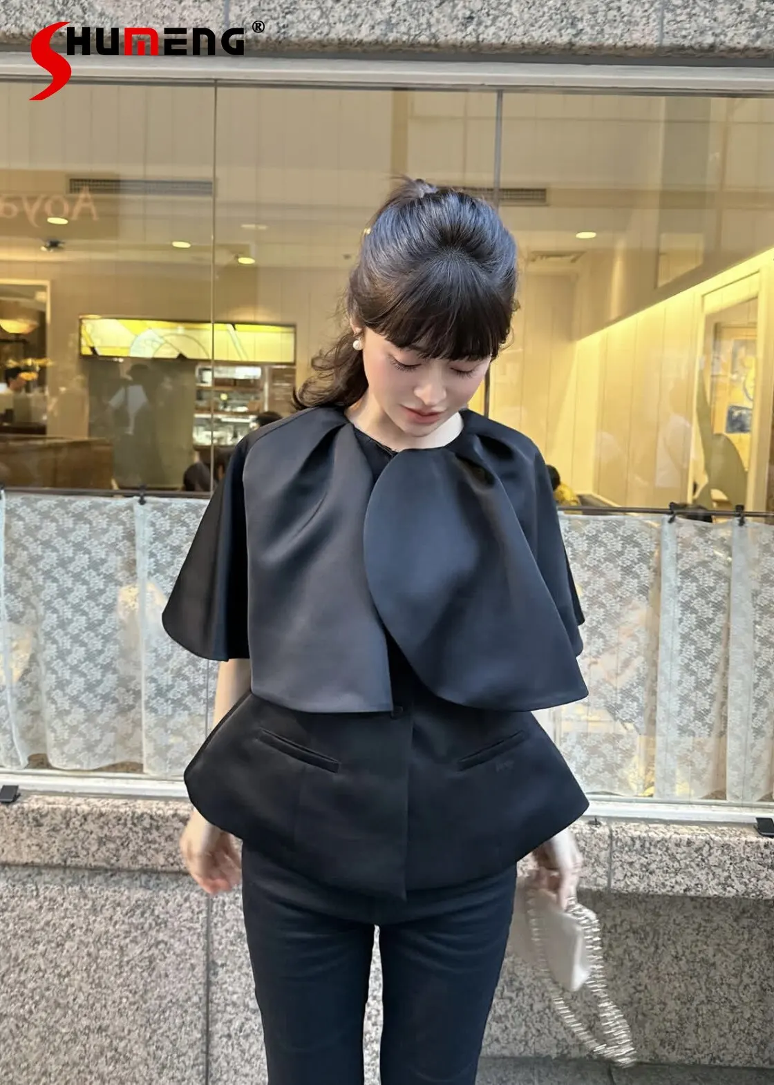 

Lady Japanese Style Fashion Sweet Black Jacket Spring Autumn New 2026 Commuter Clothing Women's Slim Elegant Petal Shawl Tops