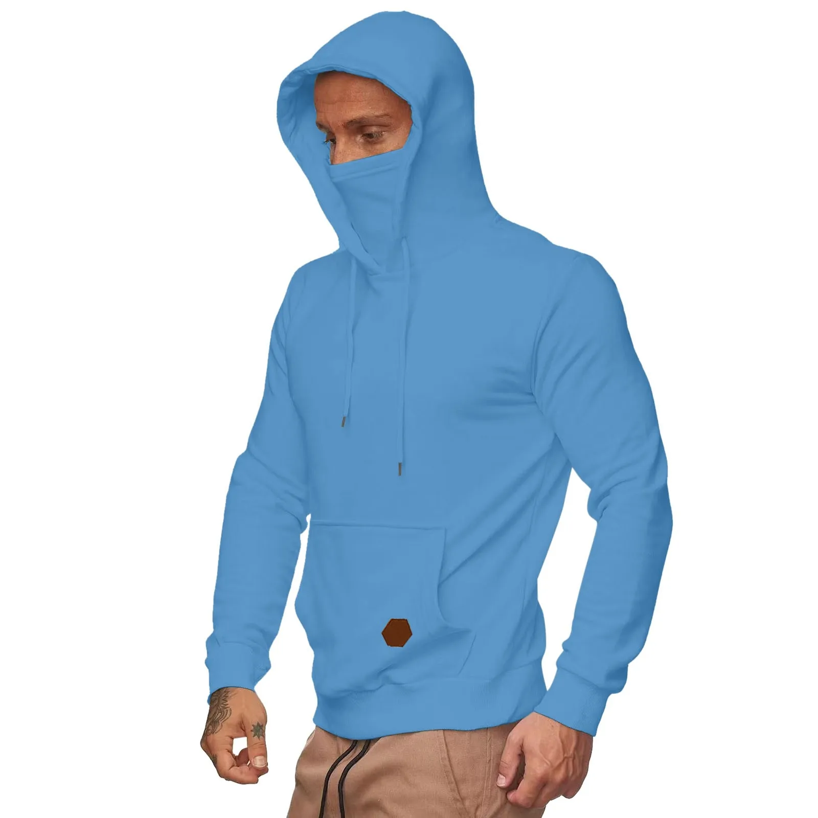 Mens Gym Hoodie Long Sleeve with Mask Sweatshirt Hoodies Casual Splice Large Open-Forked Male Clothing Mask Button Sports Hooded