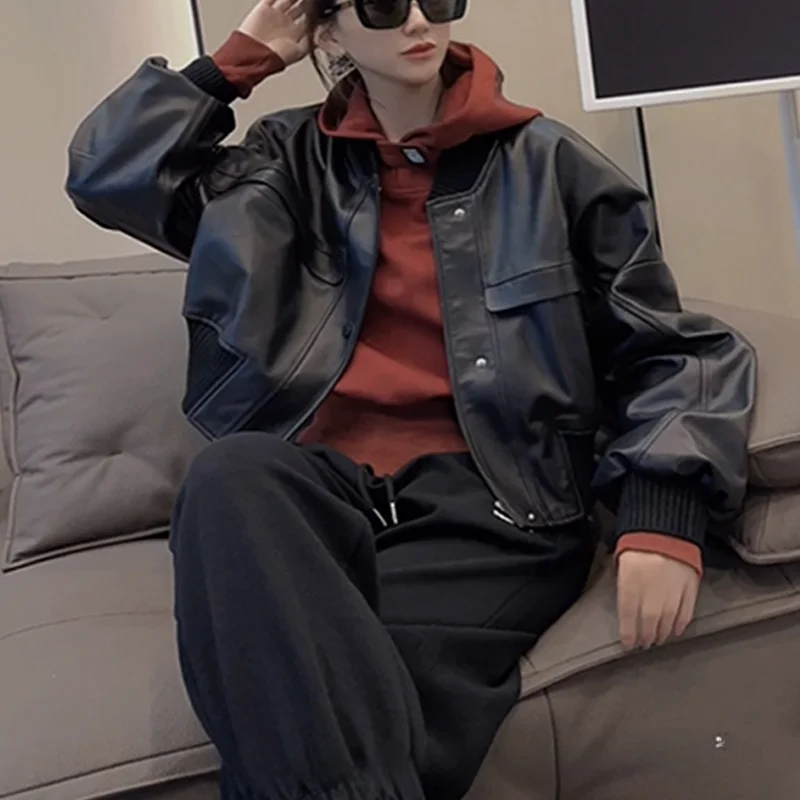 

Loose Fit eepskin Baseball Sle Jaet Batwing Sve Stand Collar Leather Coat European Sle Flng Suit Women's Faion