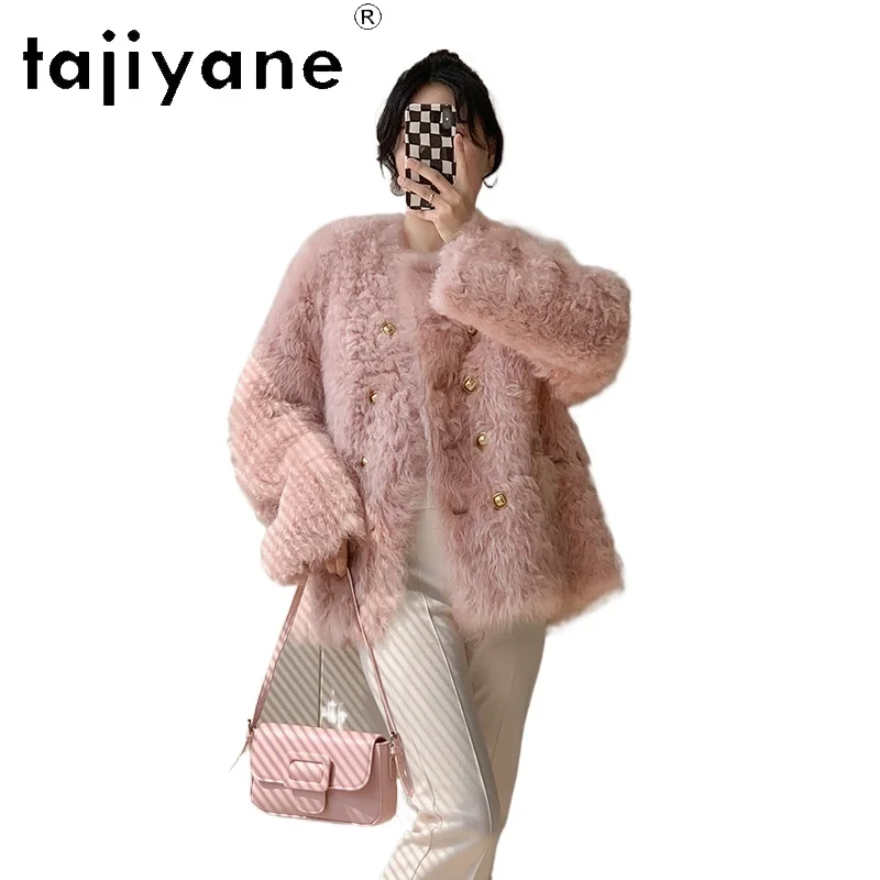 سترة من TAJIYANE 100% من صوف توسكانا من جلد الغنم مزدوجة الوجه معطف نسائي فاخر وردي من الفرو الحقيقي ملابس شتوية للنساء 2025 شوروبا