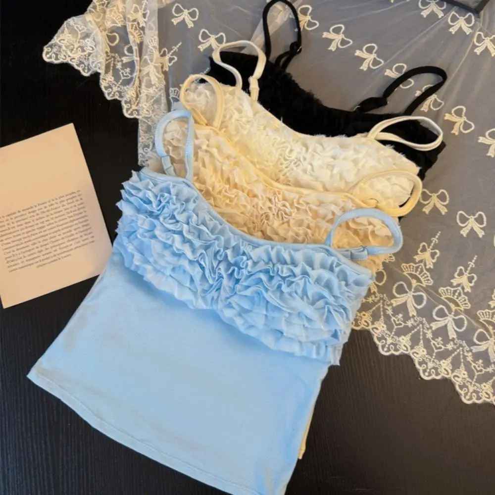 

Square Neck Women's Camisole Sleeveless Chest Wrapping Slim Crop Top With Pads Ruffled Edge Suspender Bras Sweet Girl's Tank Top