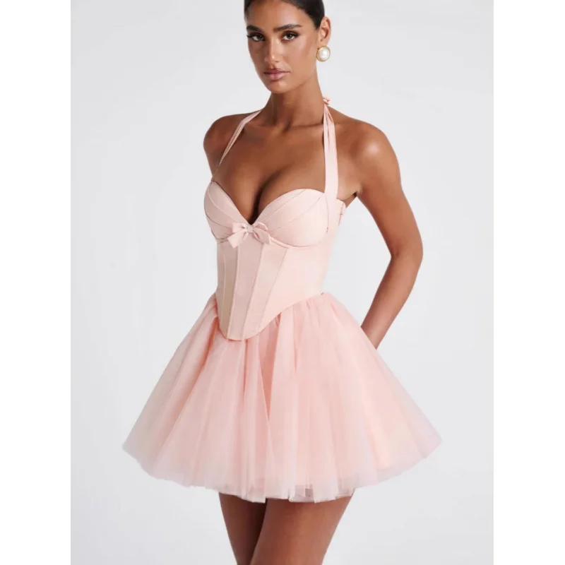 

Sweet Style Halter Neck Waist-Cinching Mesh Skirt 2026 New Style Bow-Tie Puffy Dress