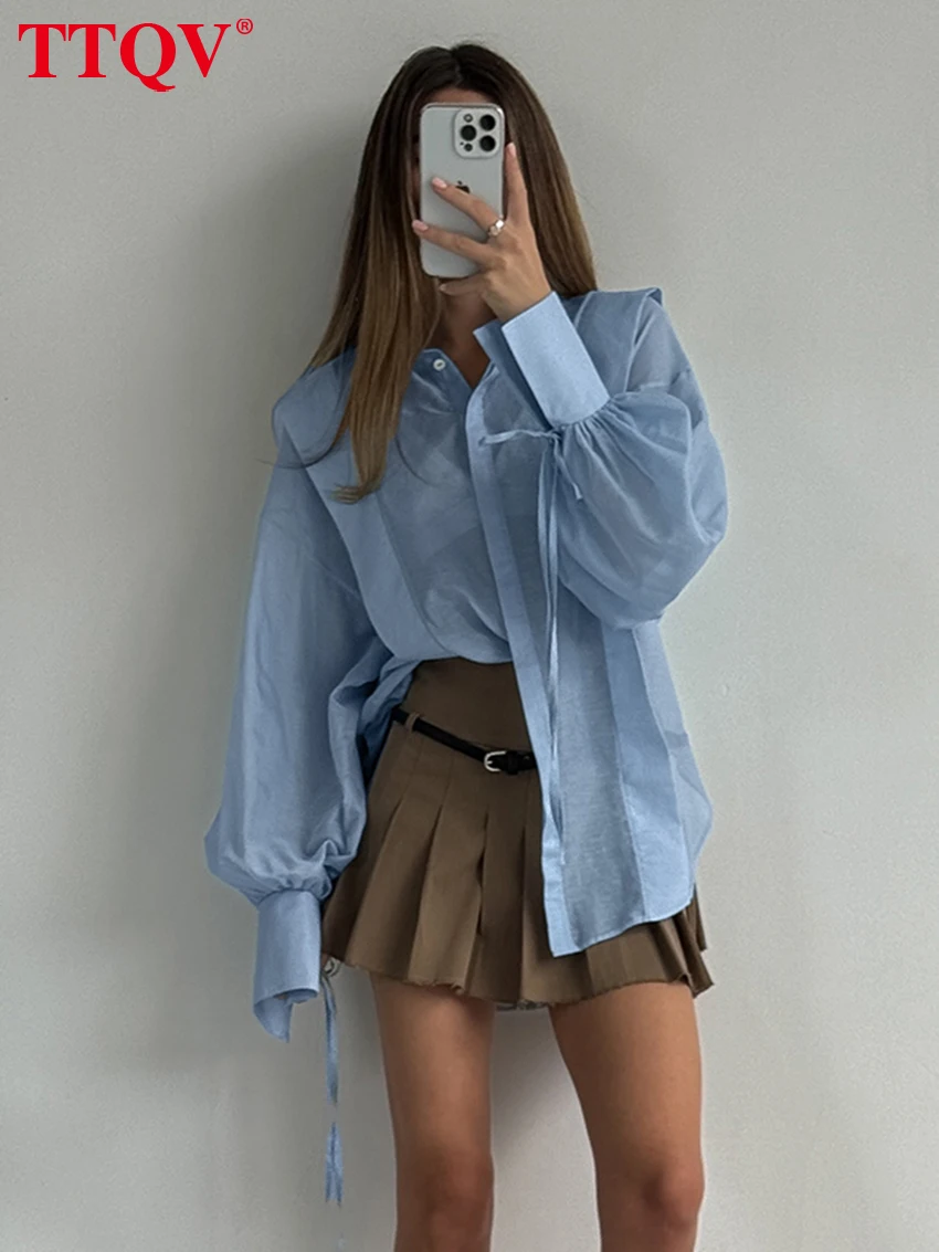 Pink Cotton Lace-Up Blouse Shirt - Casual Long Sleeve Lapel Top