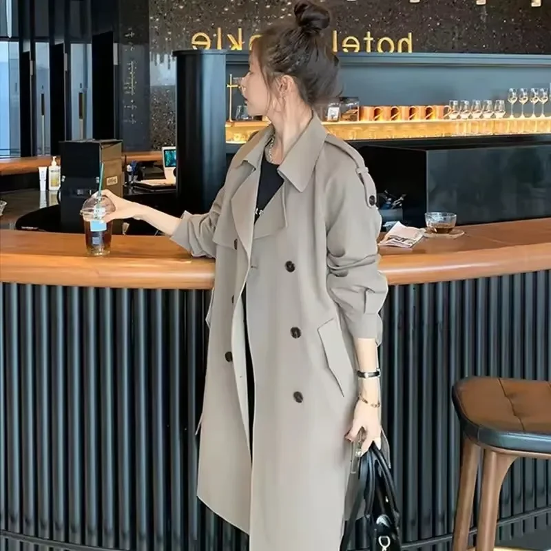 Pop Korean Double-breasted Casual Lapel Trench Coat Women 2025 Autumn Long Windbreak With Belt Chic Basic Windproof Jacket