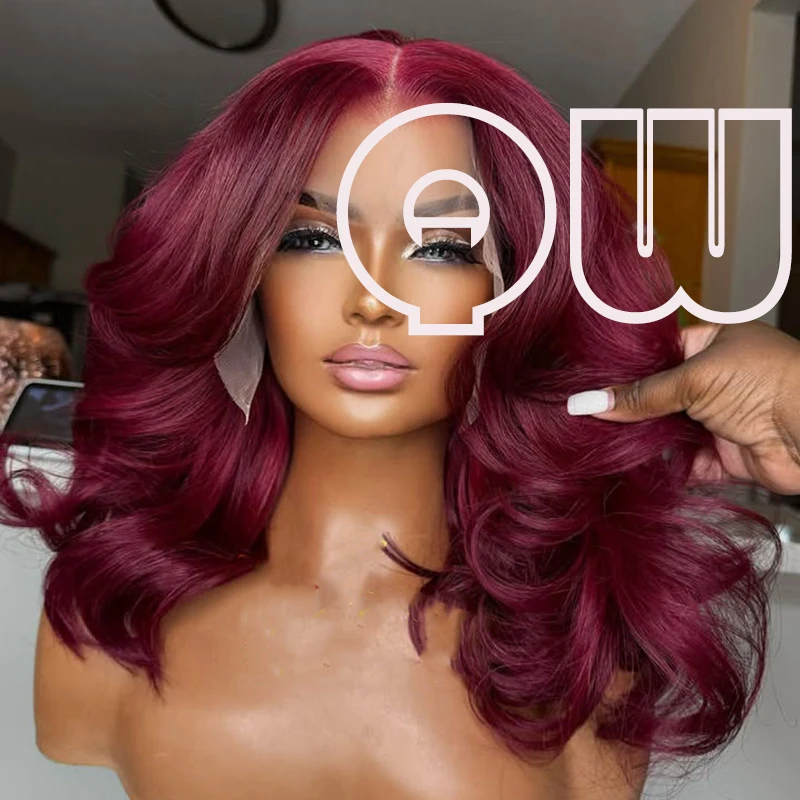 QW Synthetic Hair Burgundy Red Loose Wave Soft 13X4 Lace Front Wig For Women Hair Heat Resistant Fiber Cosplay  Daily