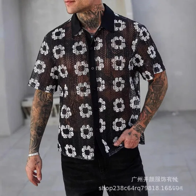

KEXU New Men's Hollow Knitted Printed Short Sleeve Flip Collar Casual Beach Top Perspective Shirt