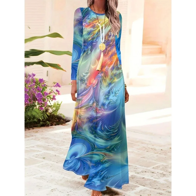 ชุดเดรสยาวถึงข้อเท้าพิมพ์ลายฟีนิกซ์ 3 มิติสีสันสดใส ชุดเดรสลำลองริมทะเลสำหรับวันหยุดกลางแจ้ง ทันสมัยและสง่างาม