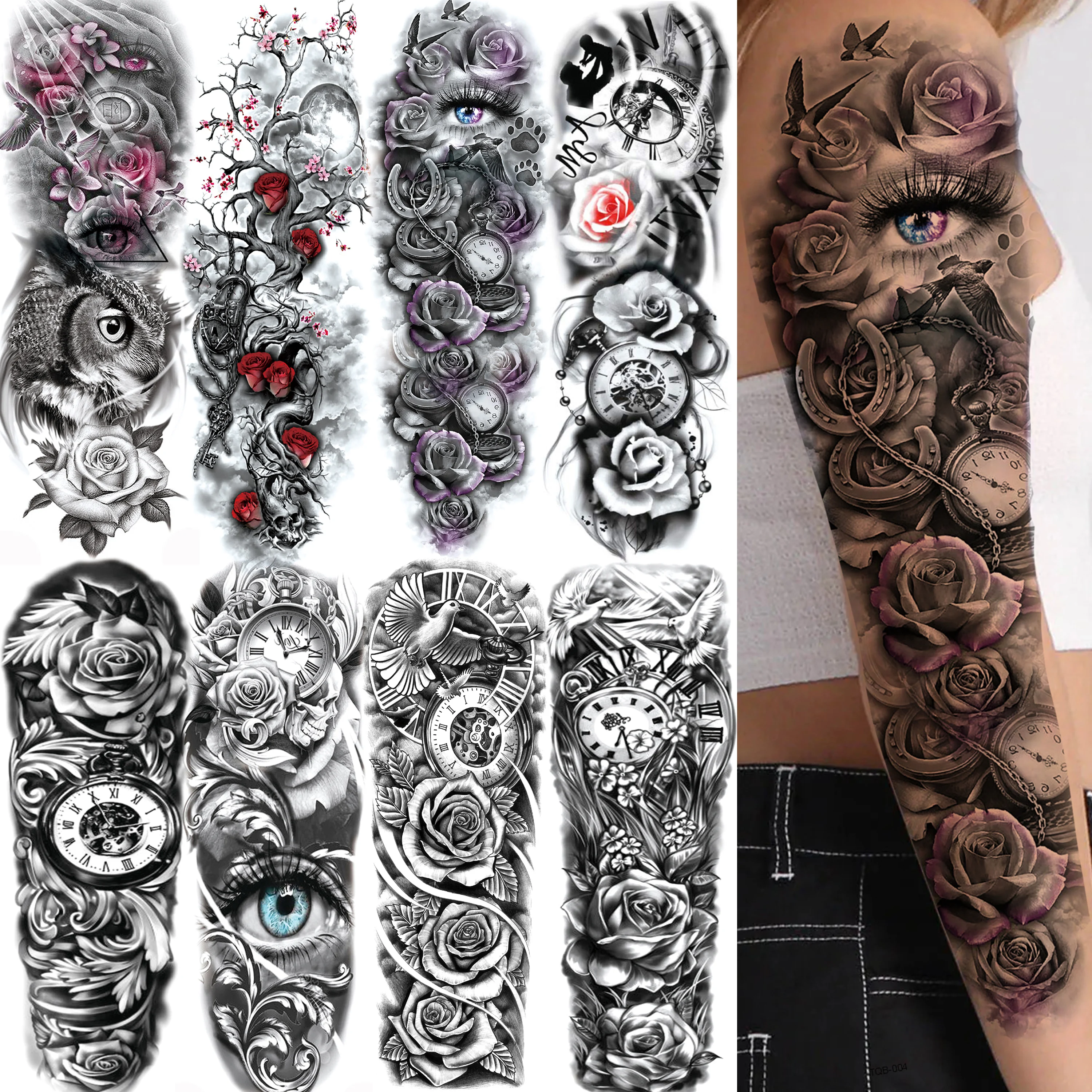 Tatouages temporaires avec boussole à fleurs, 1 feuille, manches longues, pour femmes, adultes et hommes, grande taille, autocollant Rose pivoine, faux imperméable