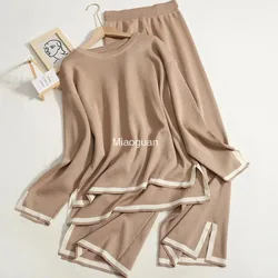 Elegant O-neck Side Slit Pullover Long Sleeve Sweater+wide Leg Pants 2 Piece Sets Women's Autumn Solid Color Casual Sweatshirts